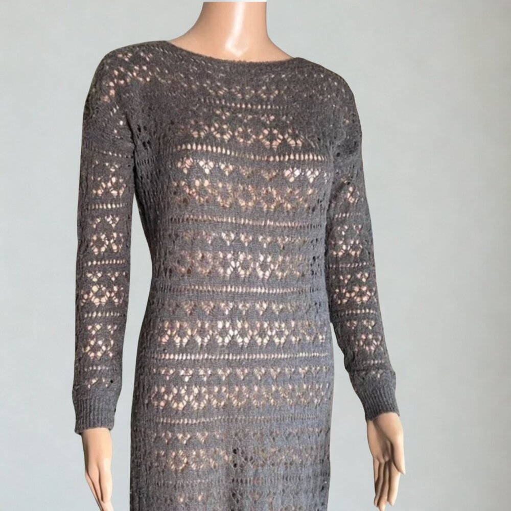 Altamira Milano gray long sleeves crochet knitted maxi sweater dress cover-up S